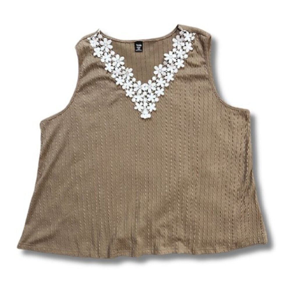 Leasty Curve 4XL Tan Brown Sleeveless Women's Top Lace Trim V Neck Ribbed